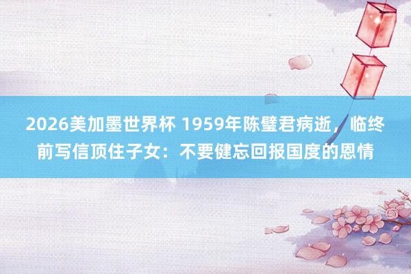 2026美加墨世界杯 1959年陈璧君病逝，临终前写信顶住子女：不要健忘回报国度的恩情
